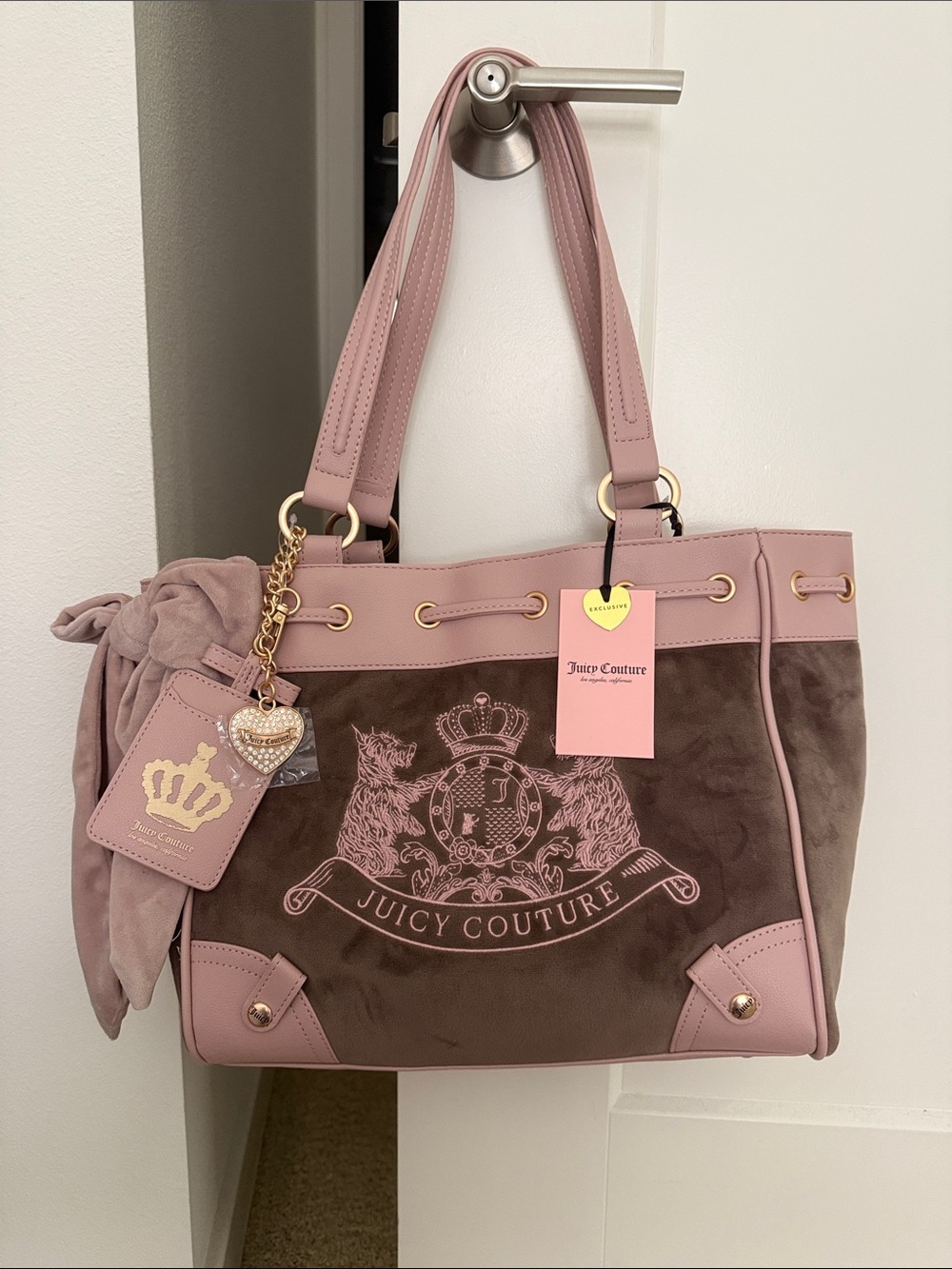 Juicy Couture Pink and Brown Velvet Logo Tote with Charm Daydreamer Bag